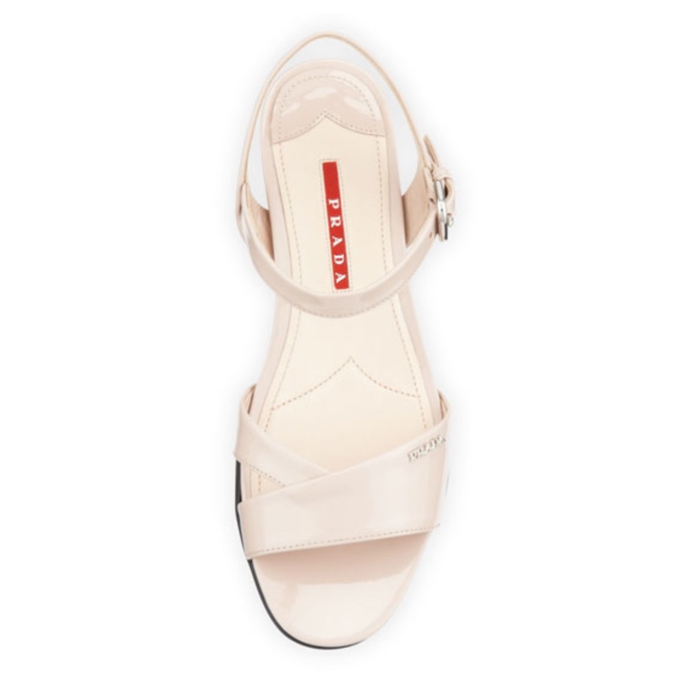 💯 Authentic PRADA White Patent Crisscross Vernice Linea Rossa Wedge Sandals